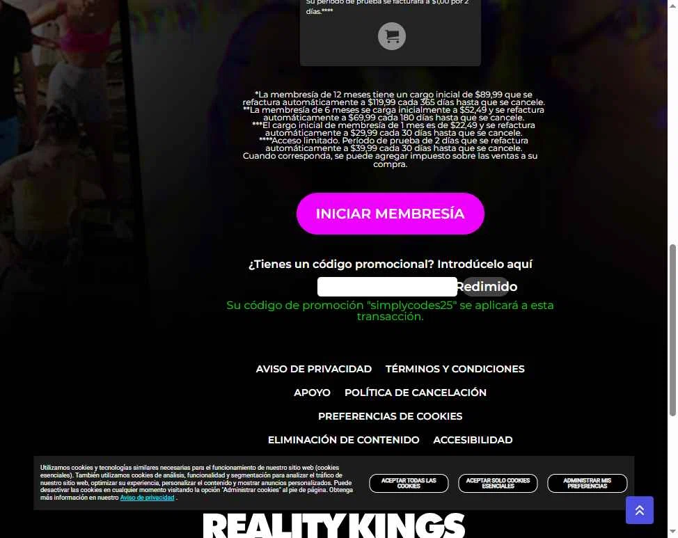 Reality Kings checkout page showing Reality Kings promo code box | Screenshot taken by SimplyCodes community member on Oct 28, 2025