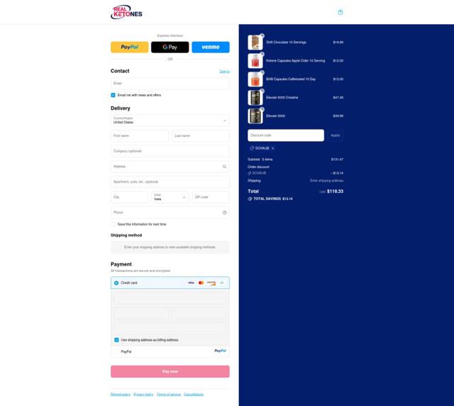 Real Ketones checkout page showing Real Ketones promo code box | Screenshot taken by SimplyCodes community member on Sep 13, 2025