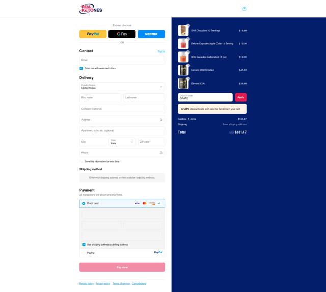 Real Ketones checkout page showing Real Ketones promo code box | Screenshot taken by SimplyCodes community member on Sep 13, 2025