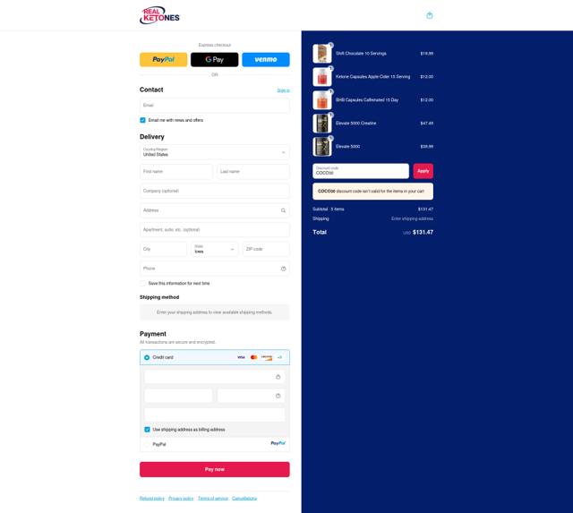 Real Ketones checkout page showing Real Ketones promo code box | Screenshot taken by SimplyCodes community member on Sep 13, 2025