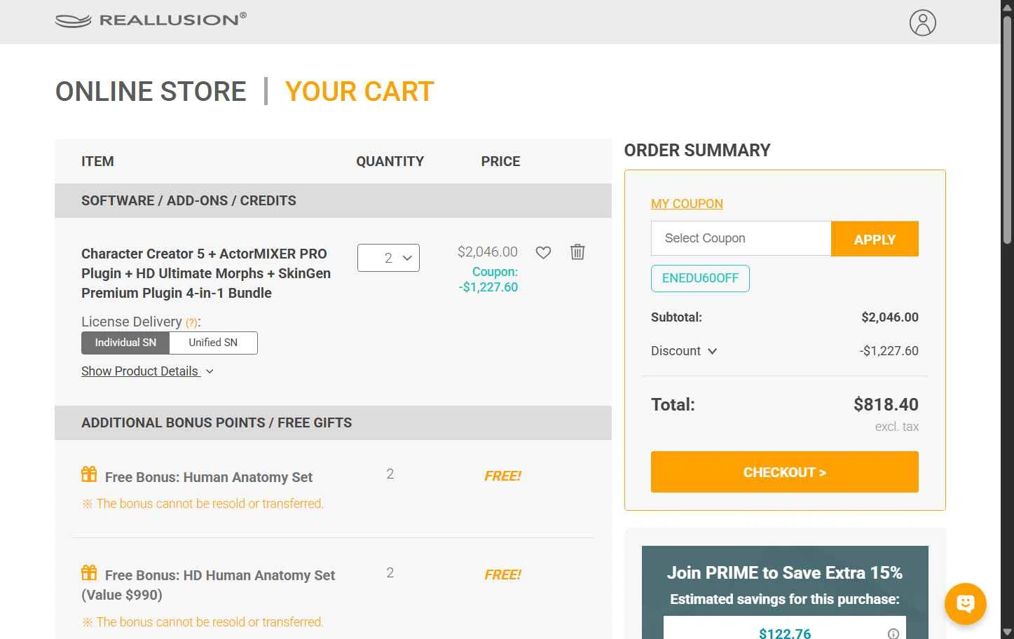 Reallusion checkout page showing Reallusion promo code box | Screenshot taken by SimplyCodes community member on Jan 20, 2026