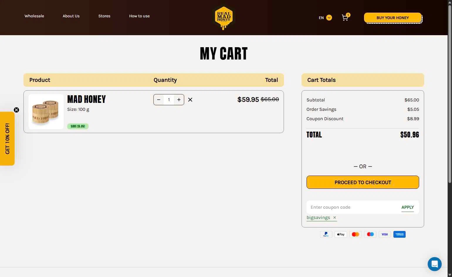 Real Mad Honey checkout page showing Real Mad Honey coupon code box | Screenshot taken by SimplyCodes community member on Oct 14, 2025