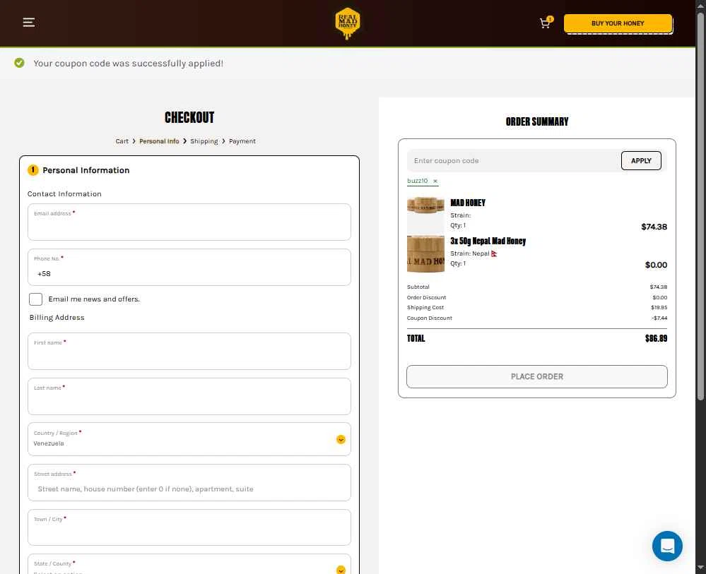 Real Mad Honey checkout page showing Real Mad Honey coupon code box | Screenshot taken by SimplyCodes community member on Nov 15, 2025
