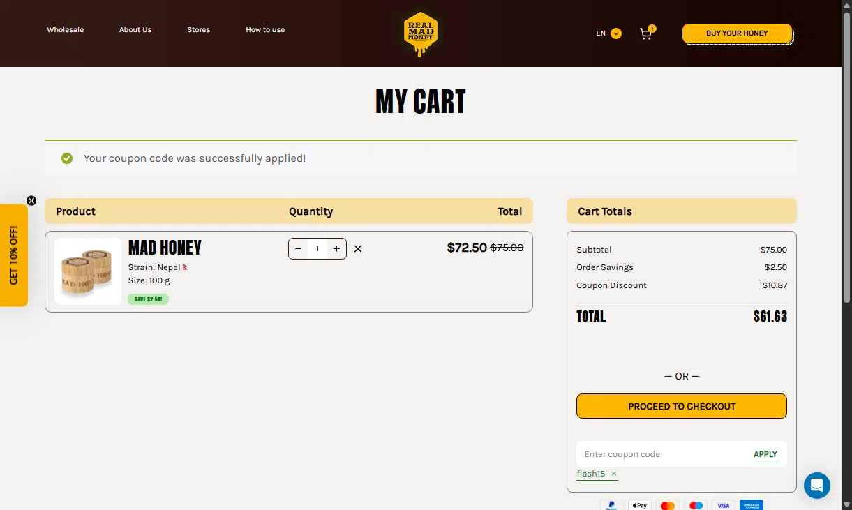 Real Mad Honey checkout page showing Real Mad Honey coupon code box | Screenshot taken by SimplyCodes community member on Nov 9, 2025