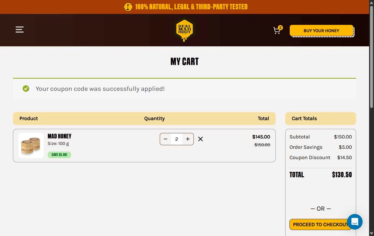 Real Mad Honey checkout page showing Real Mad Honey coupon code box | Screenshot taken by SimplyCodes community member on Oct 22, 2025