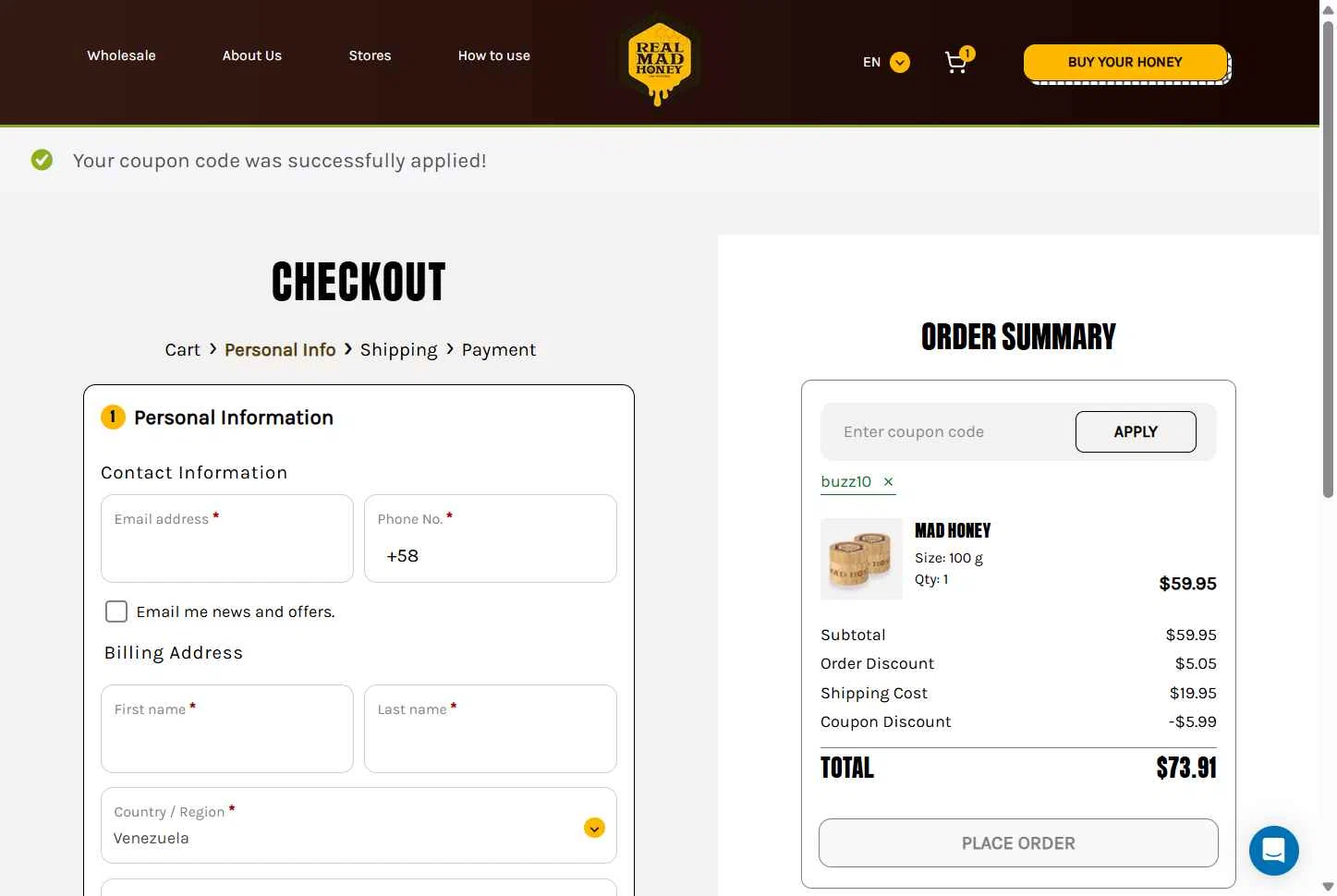 Real Mad Honey checkout page showing Real Mad Honey coupon code box | Screenshot taken by SimplyCodes community member on Oct 17, 2025