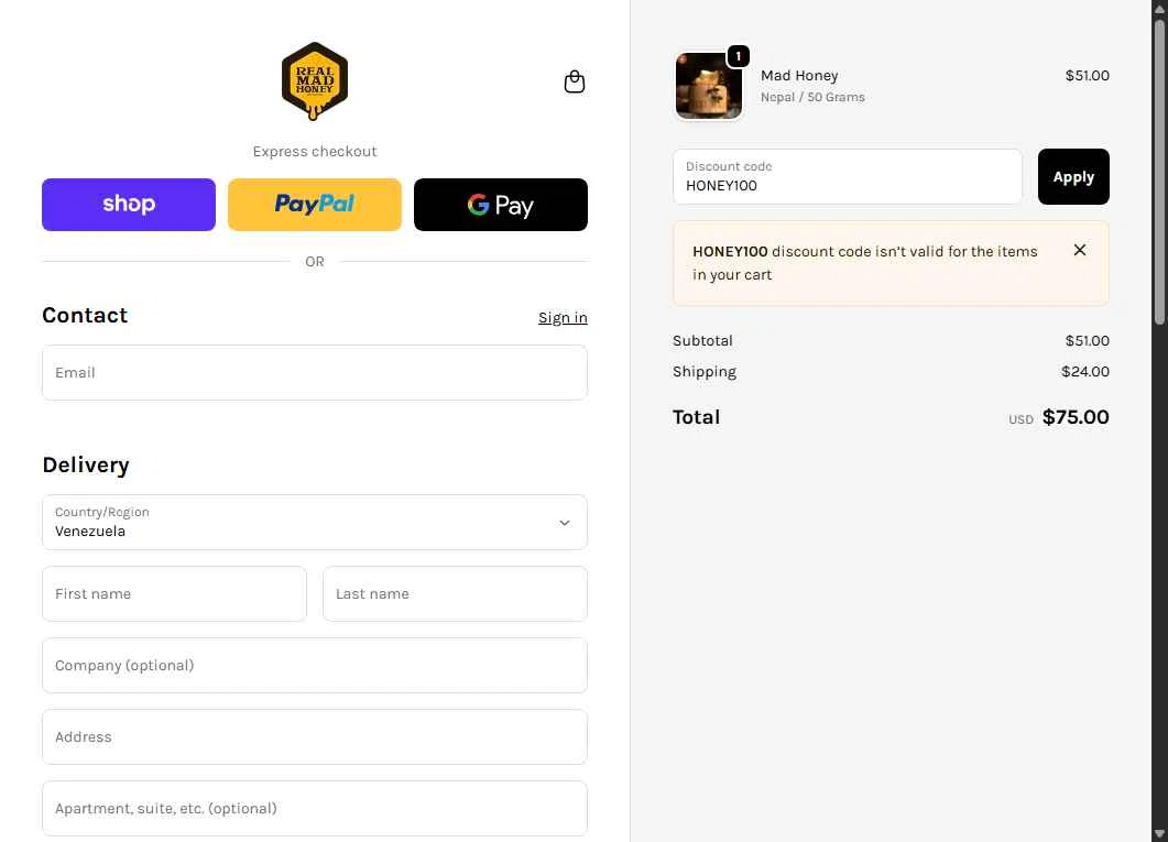 Real Mad Honey checkout page showing Real Mad Honey coupon code box | Screenshot taken by SimplyCodes community member on Dec 15, 2025