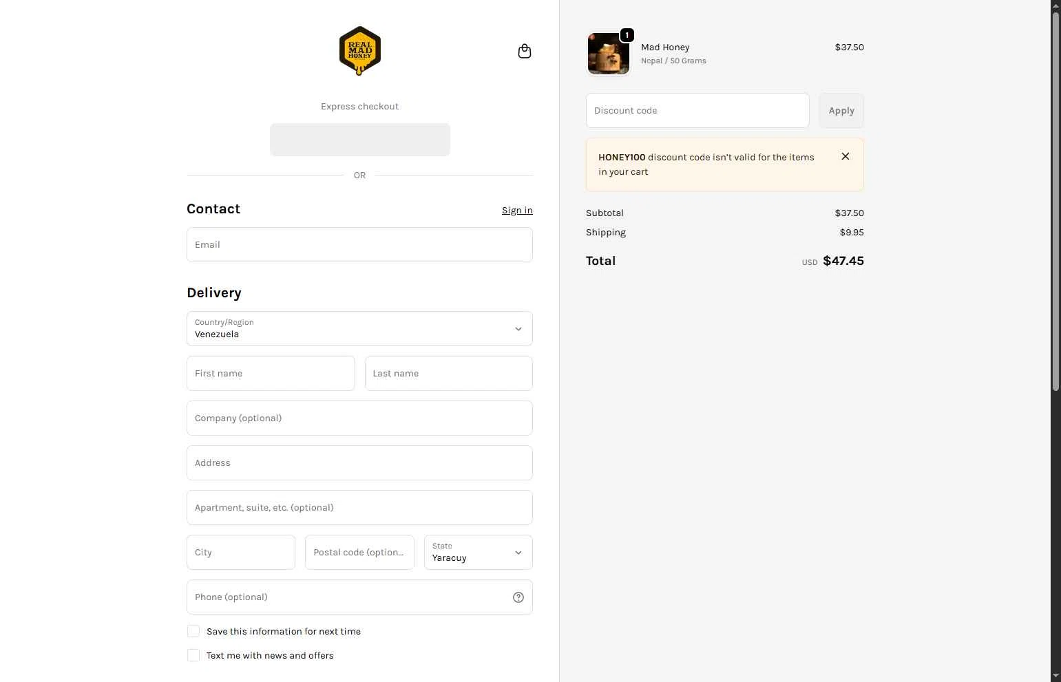 Real Mad Honey checkout page showing Real Mad Honey coupon code box | Screenshot taken by SimplyCodes community member on Jan 13, 2026
