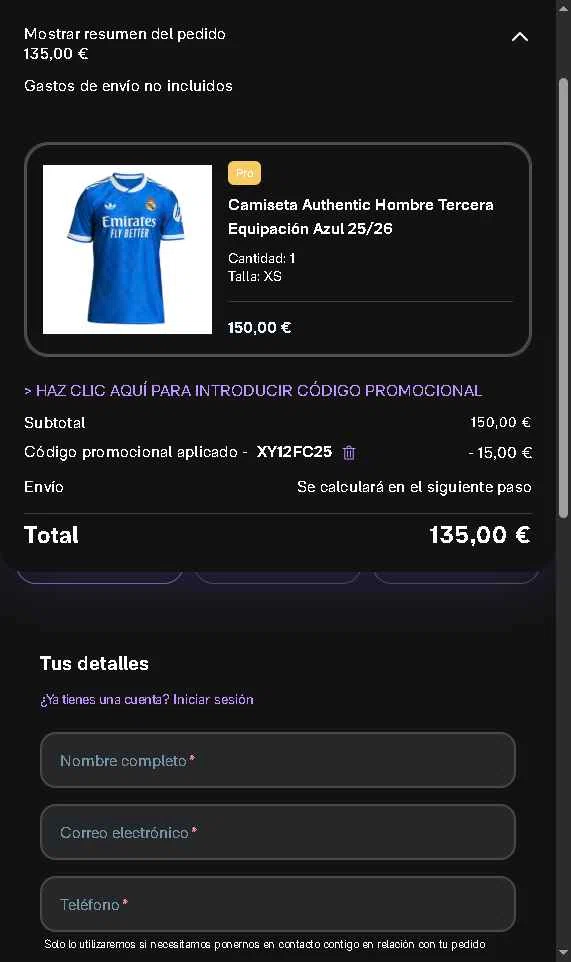 Real Madrid Shop checkout page showing Real Madrid Shop discount code box | Screenshot taken by SimplyCodes community member on Dec 30, 2025
