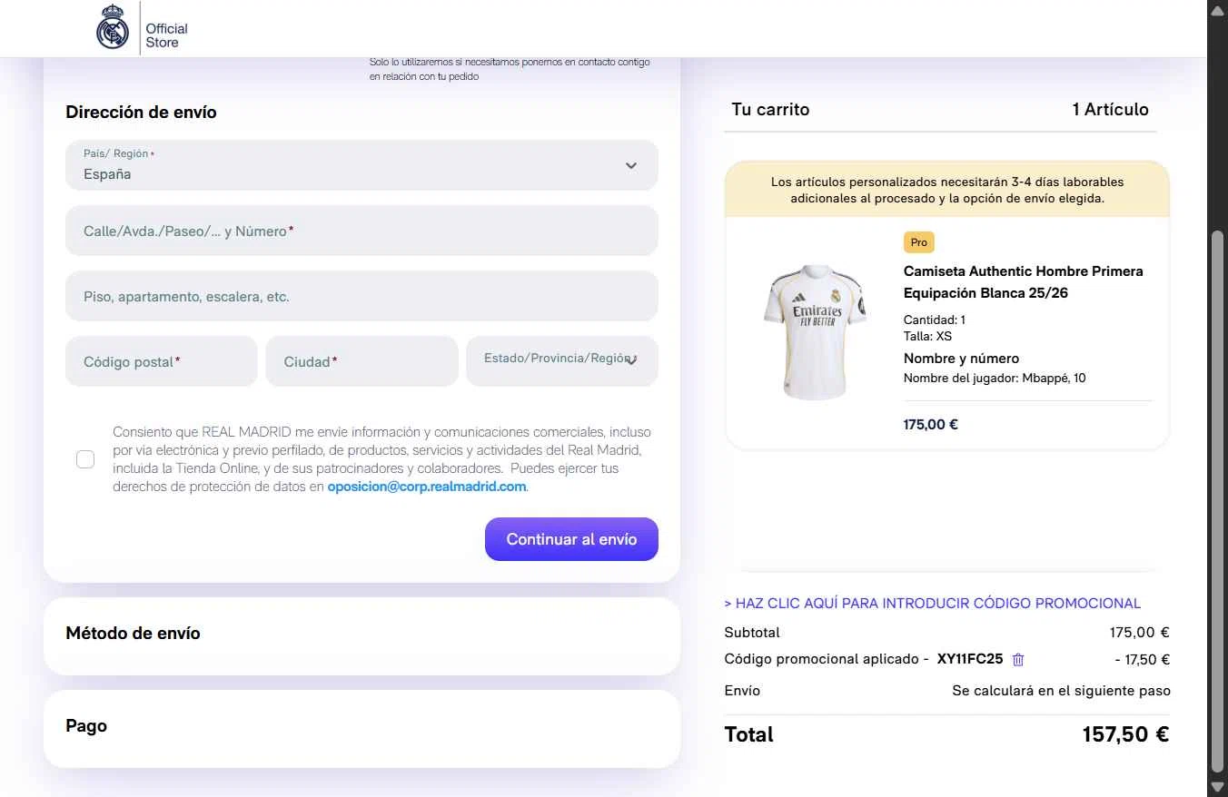 Real Madrid Shop checkout page showing Real Madrid Shop discount code box | Screenshot taken by SimplyCodes community member on Dec 31, 2025