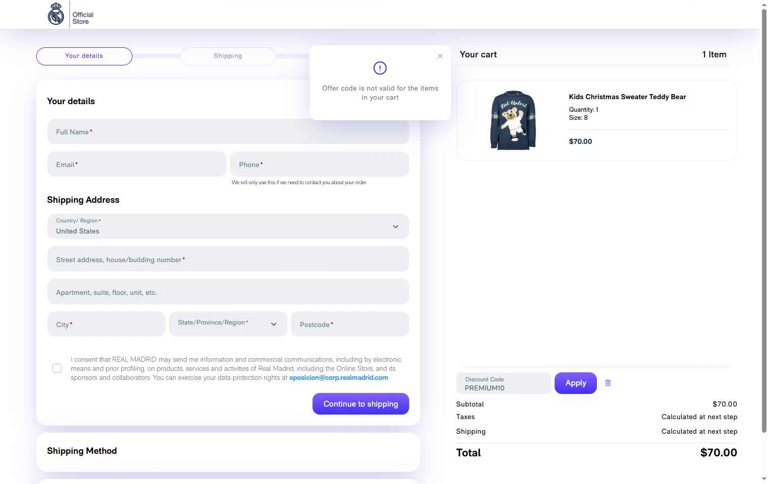 Real Madrid Shop checkout page showing Real Madrid Shop discount code box | Screenshot taken by SimplyCodes community member on Dec 3, 2025
