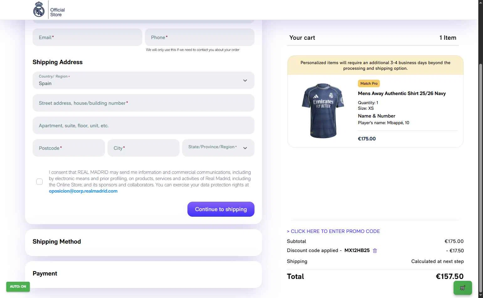 Real Madrid Shop checkout page showing Real Madrid Shop discount code box | Screenshot taken by SimplyCodes community member on Dec 5, 2025