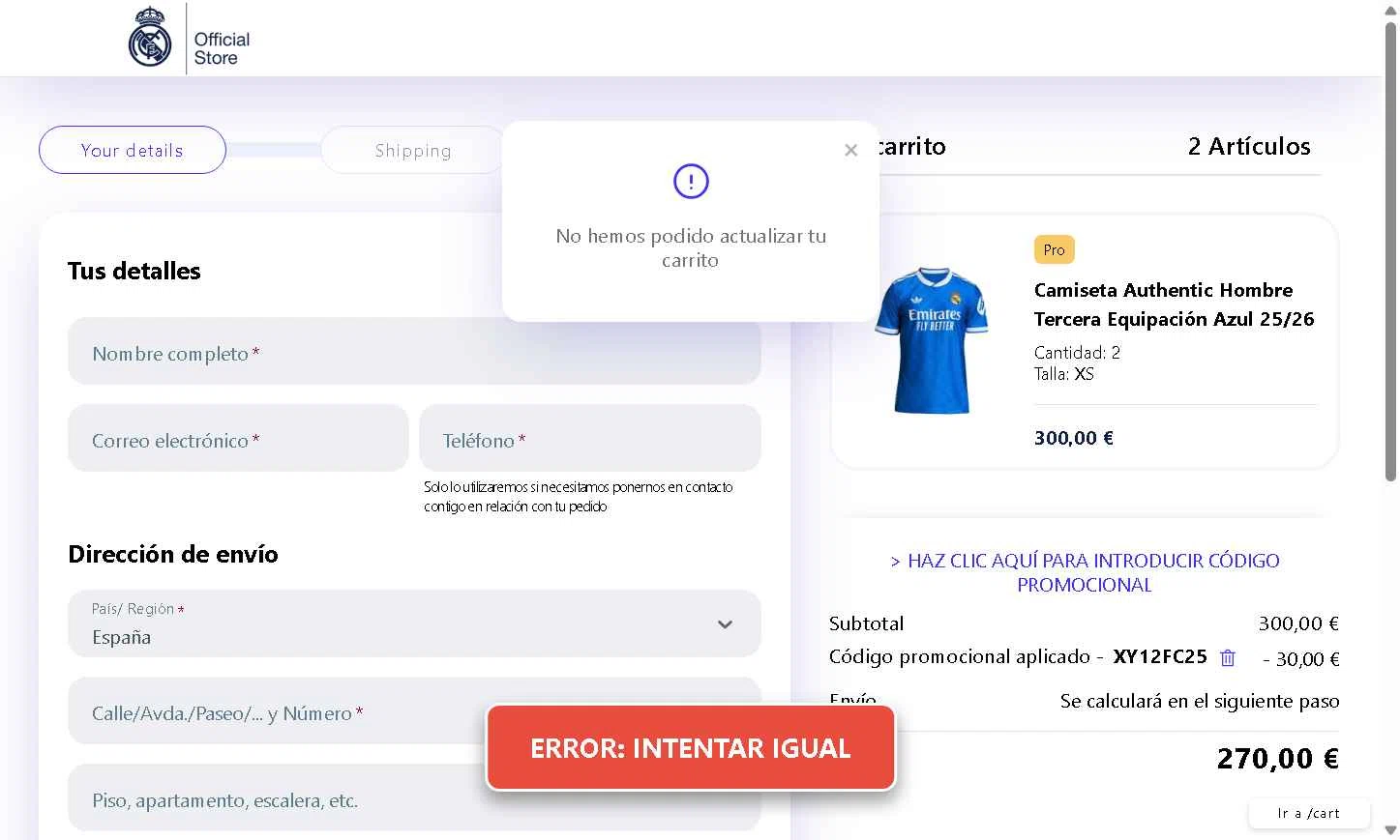 Real Madrid Shop checkout page showing Real Madrid Shop discount code box | Screenshot taken by SimplyCodes community member on Jan 15, 2026