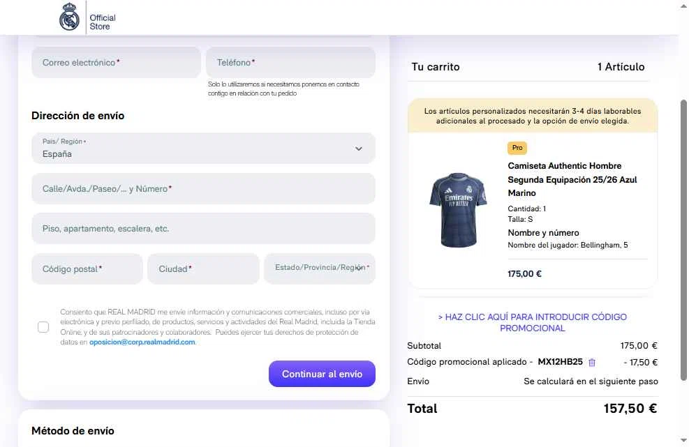 Real Madrid Shop checkout page showing Real Madrid Shop discount code box | Screenshot taken by SimplyCodes community member on Jan 15, 2026