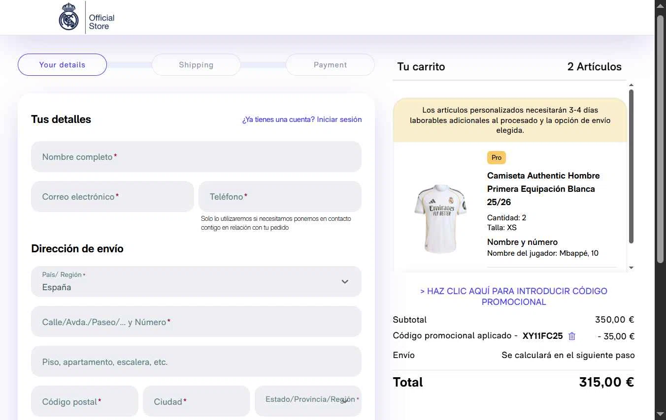 Real Madrid Shop checkout page showing Real Madrid Shop discount code box | Screenshot taken by SimplyCodes community member on Dec 2, 2025
