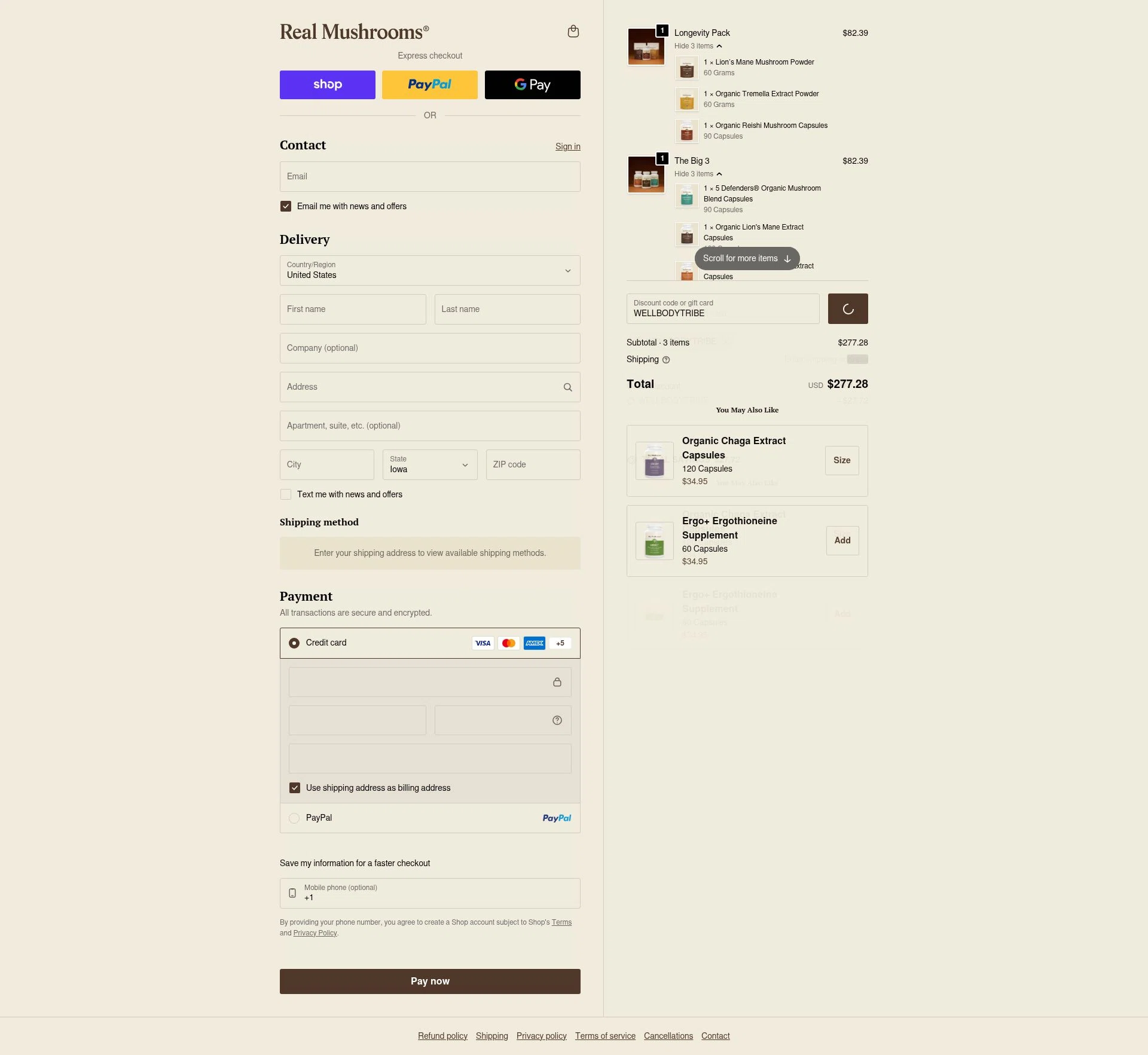 Real Mushrooms checkout page showing Real Mushrooms discount code box | Screenshot taken by SimplyCodes community member on Feb 10, 2026