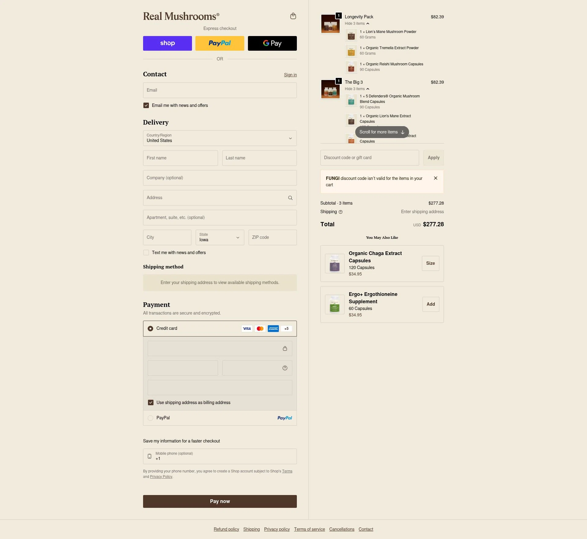 Real Mushrooms checkout page showing Real Mushrooms discount code box | Screenshot taken by SimplyCodes community member on Feb 10, 2026