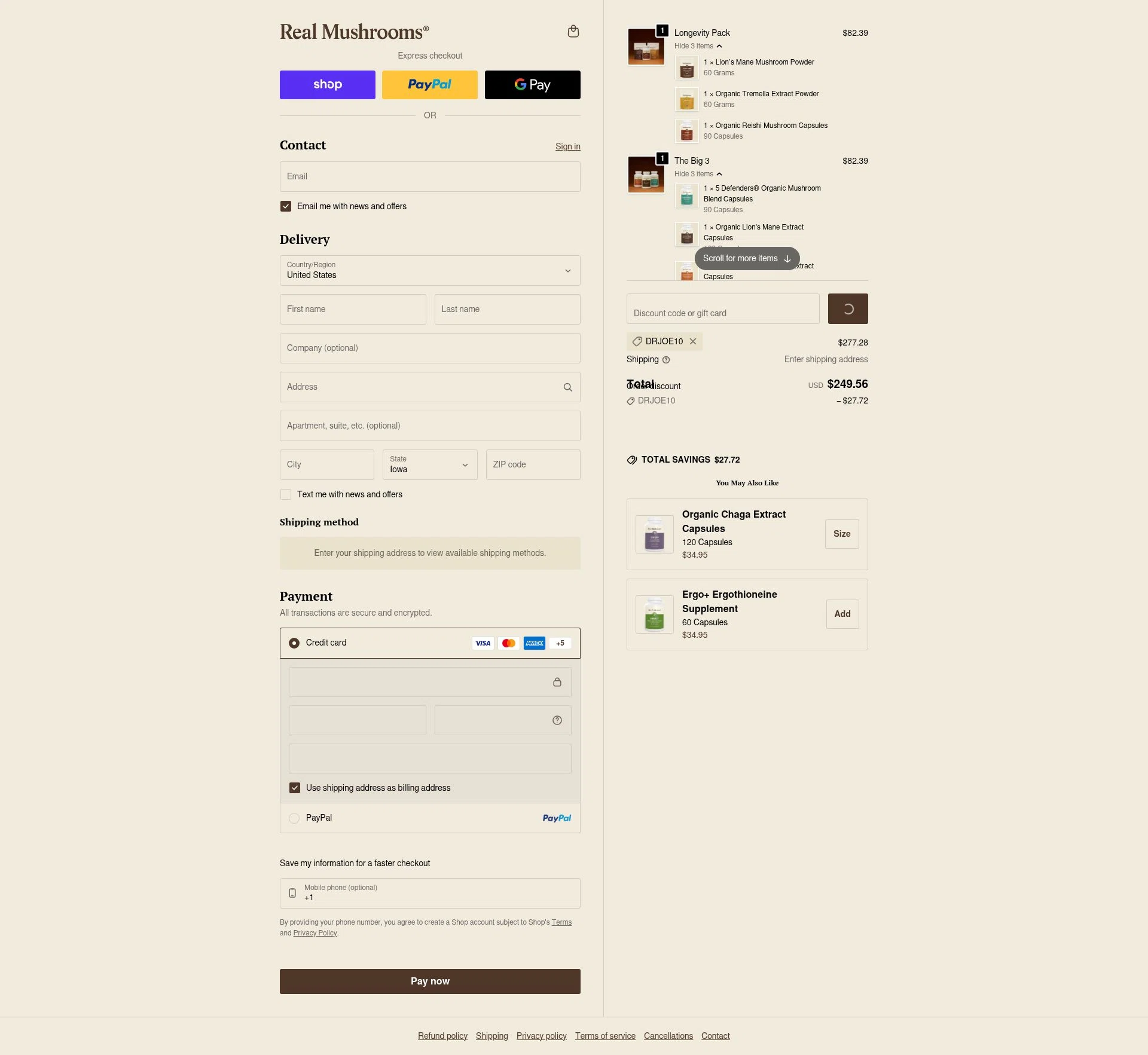 Real Mushrooms checkout page showing Real Mushrooms discount code box | Screenshot taken by SimplyCodes community member on Feb 10, 2026