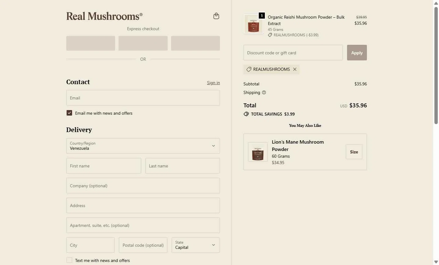 Real Mushrooms checkout page showing Real Mushrooms discount code box | Screenshot taken by SimplyCodes community member on Feb 10, 2026