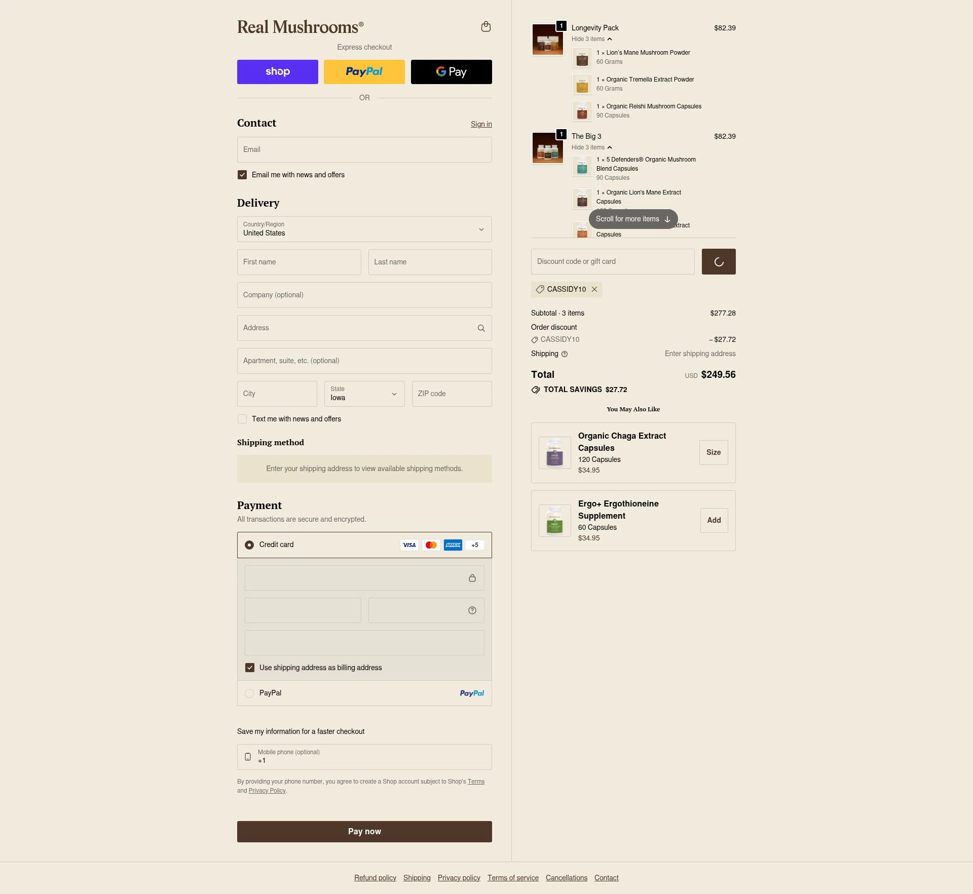 Real Mushrooms checkout page showing Real Mushrooms discount code box | Screenshot taken by SimplyCodes community member on Feb 10, 2026