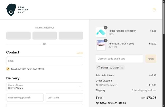Real Oyster Cult checkout page showing Real Oyster Cult promo code box | Screenshot taken by SimplyCodes community member on Aug 31, 2025