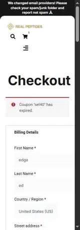 Real Peptides coupon verification screenshot