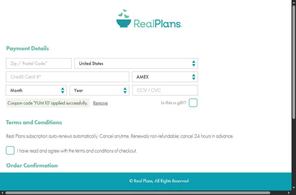 Real Plans checkout page showing Real Plans promo code box | Screenshot taken by SimplyCodes community member on Sep 29, 2025