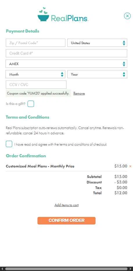 Real Plans checkout page showing Real Plans promo code box | Screenshot taken by SimplyCodes community member on Aug 6, 2025
