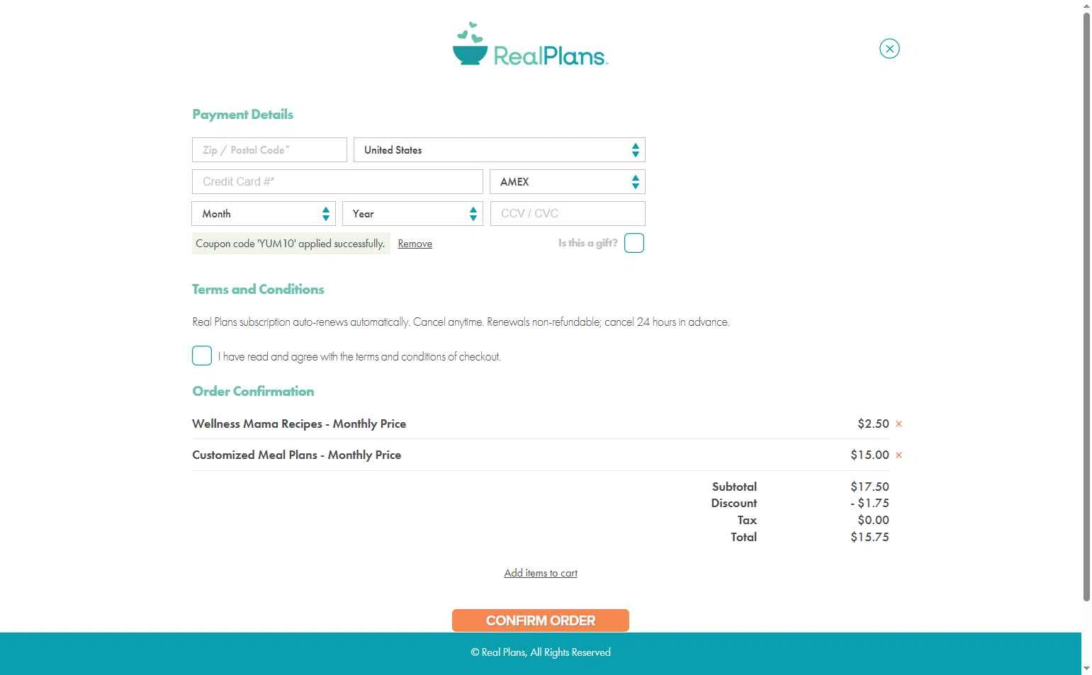 Real Plans checkout page showing Real Plans promo code box | Screenshot taken by SimplyCodes community member on Jan 14, 2026