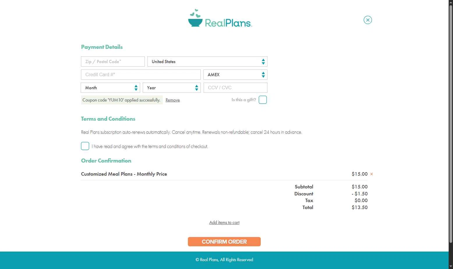 Real Plans checkout page showing Real Plans promo code box | Screenshot taken by SimplyCodes community member on Aug 2, 2025