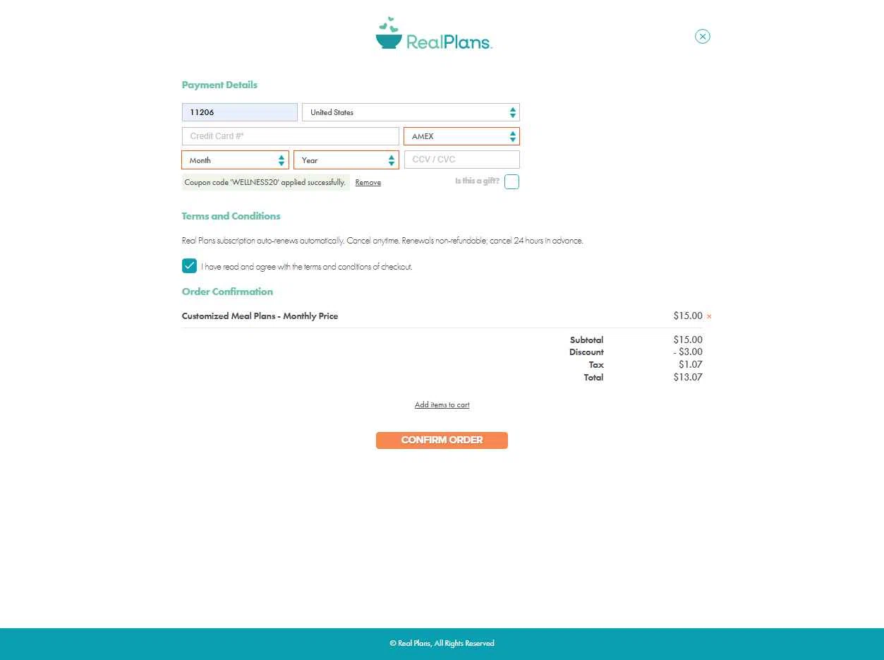 Real Plans checkout page showing Real Plans promo code box | Screenshot taken by SimplyCodes community member on Aug 12, 2025