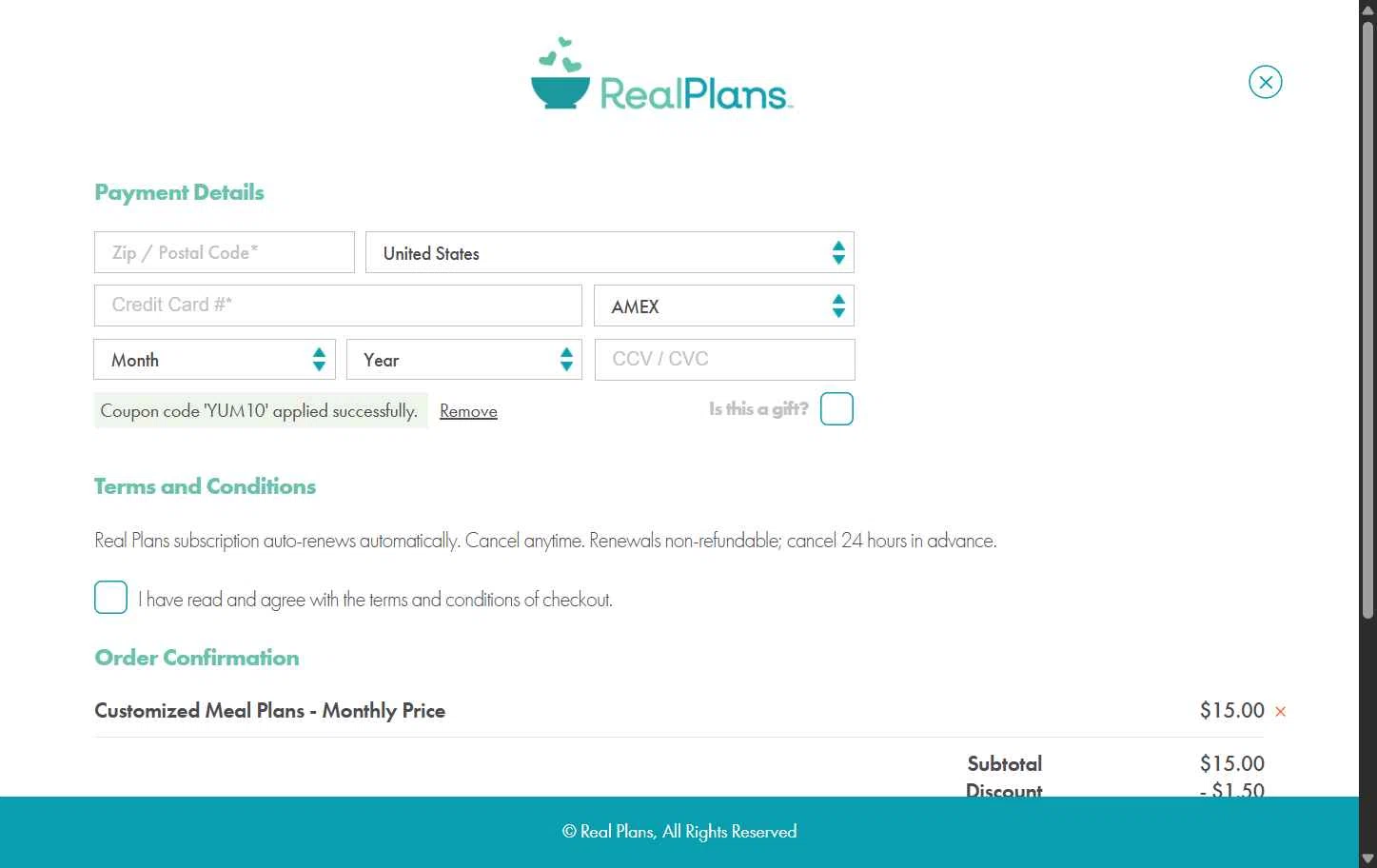 Real Plans checkout page showing Real Plans promo code box | Screenshot taken by SimplyCodes community member on Dec 25, 2025