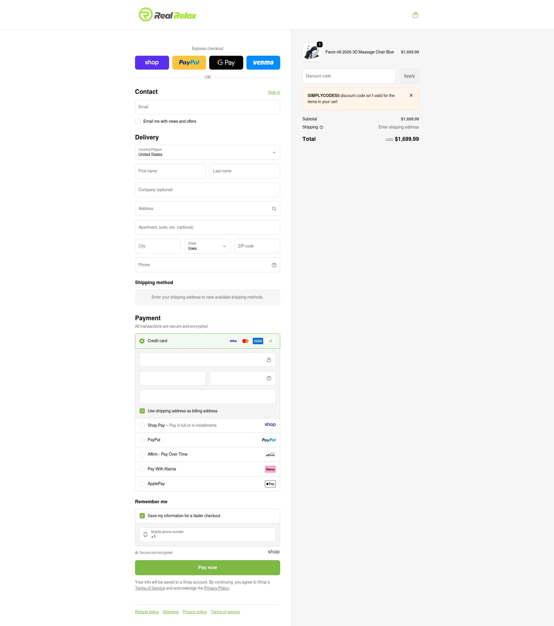 Real Relax checkout page showing Real Relax discount code box | Screenshot taken by SimplyCodes community member on Jan 2, 2026