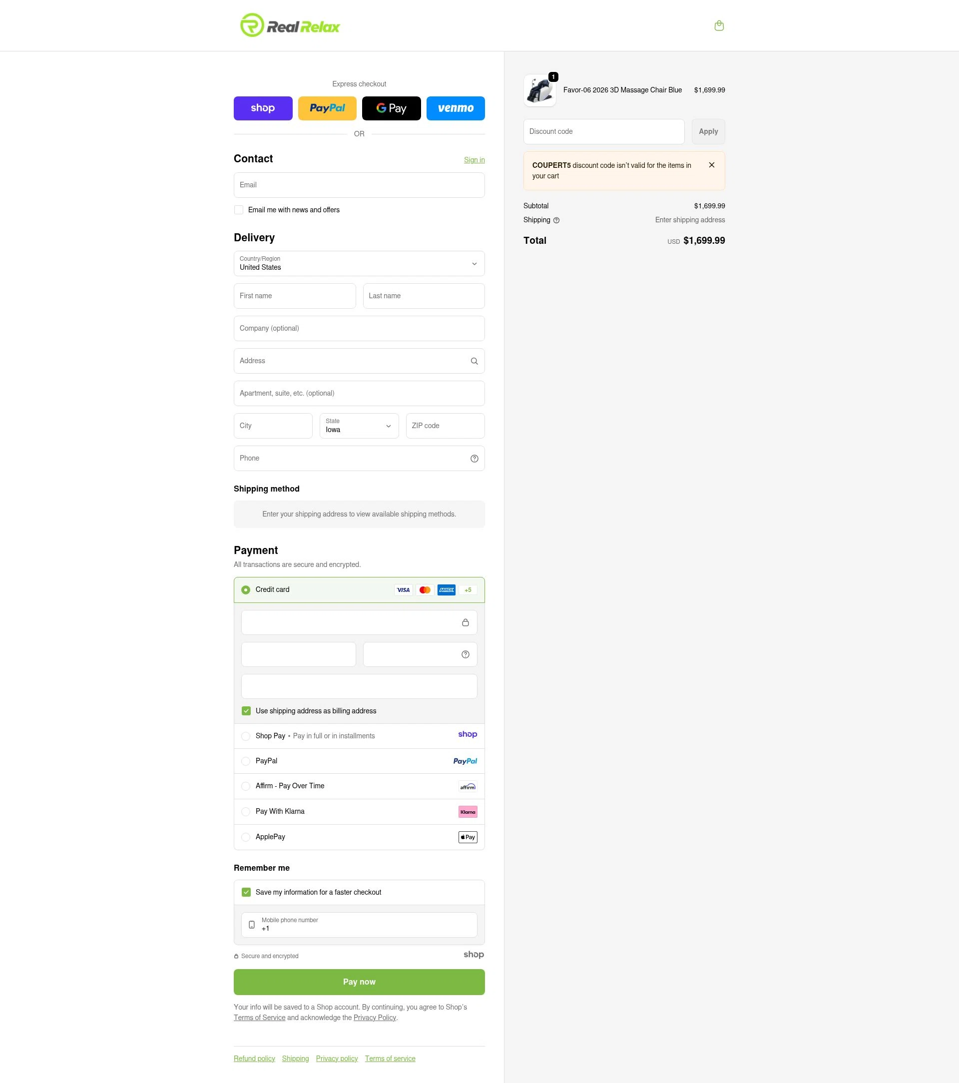 Real Relax checkout page showing Real Relax discount code box | Screenshot taken by SimplyCodes community member on Jan 2, 2026
