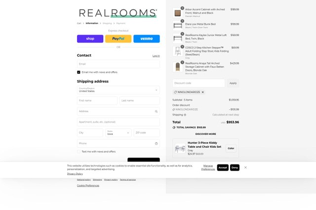 RealRooms checkout page showing RealRooms discount code box | Screenshot taken by SimplyCodes community member on Aug 30, 2025