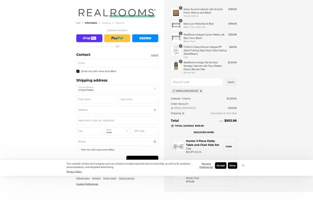 RealRooms checkout page showing RealRooms discount code box | Screenshot taken by SimplyCodes community member on Aug 26, 2025