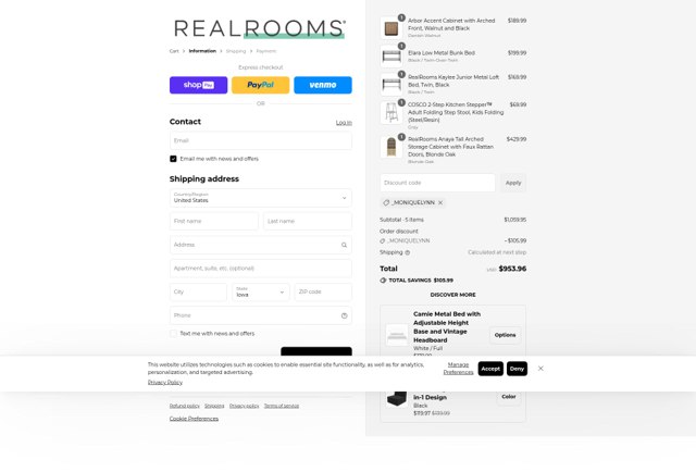RealRooms checkout page showing RealRooms discount code box | Screenshot taken by SimplyCodes community member on Aug 22, 2025