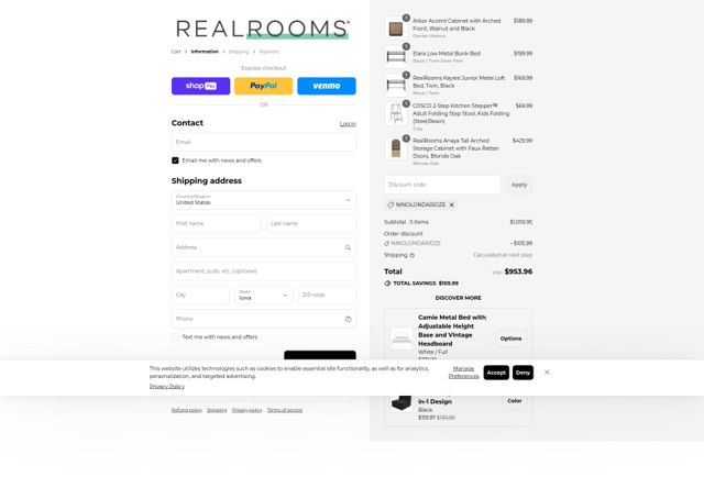 RealRooms checkout page showing RealRooms discount code box | Screenshot taken by SimplyCodes community member on Aug 22, 2025