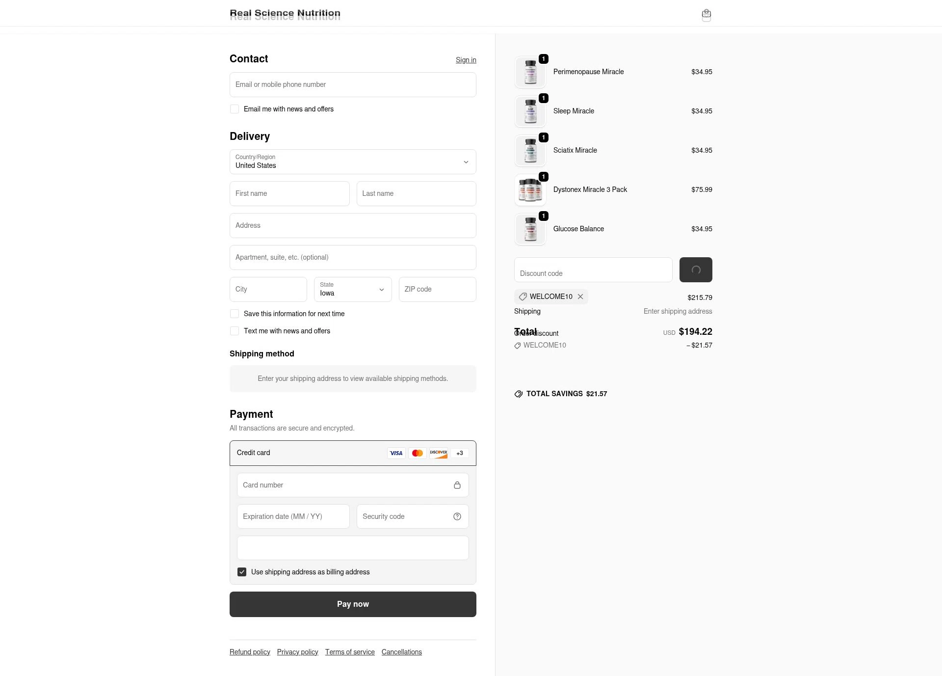 Real Science checkout page showing Real Science coupon code box | Screenshot taken by SimplyCodes community member on Jan 6, 2026