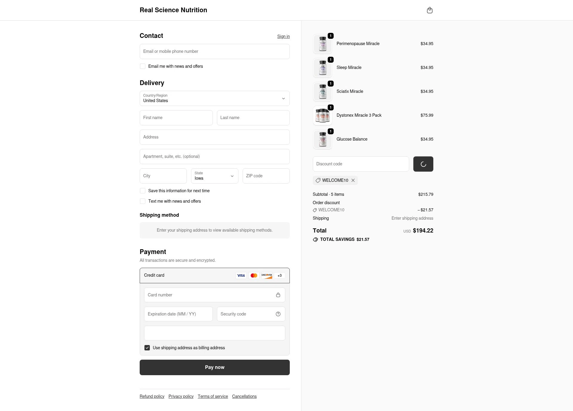Real Science checkout page showing Real Science coupon code box | Screenshot taken by SimplyCodes community member on Dec 27, 2025