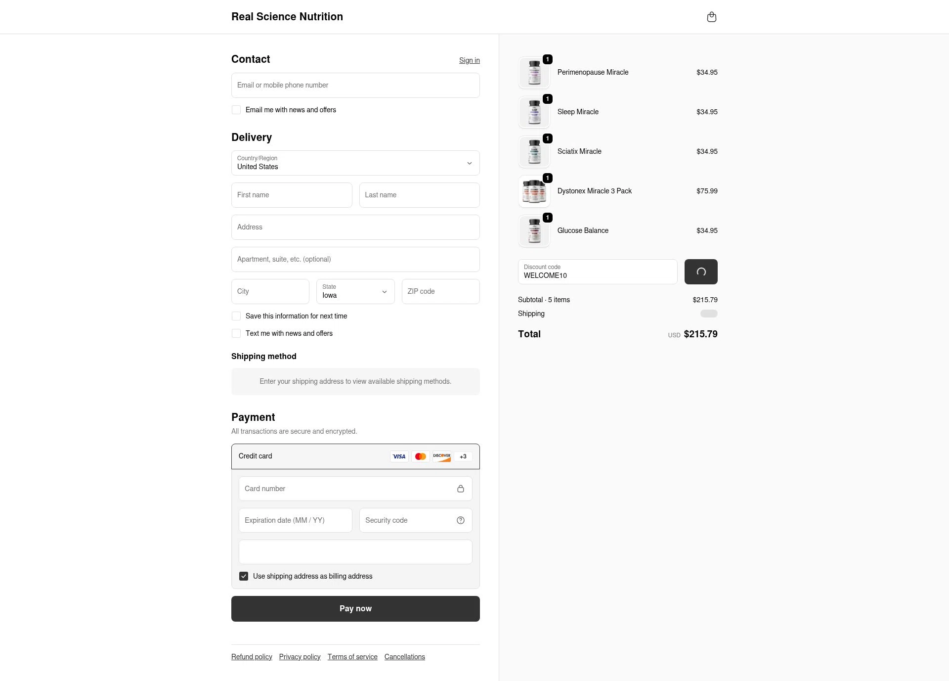Real Science checkout page showing Real Science coupon code box | Screenshot taken by SimplyCodes community member on Jan 1, 2026