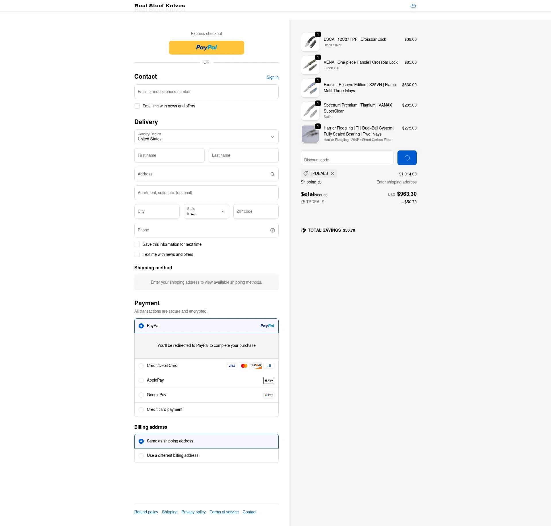 Real Steel Knives checkout page showing Real Steel Knives promo code box | Screenshot taken by SimplyCodes community member on Feb 14, 2026