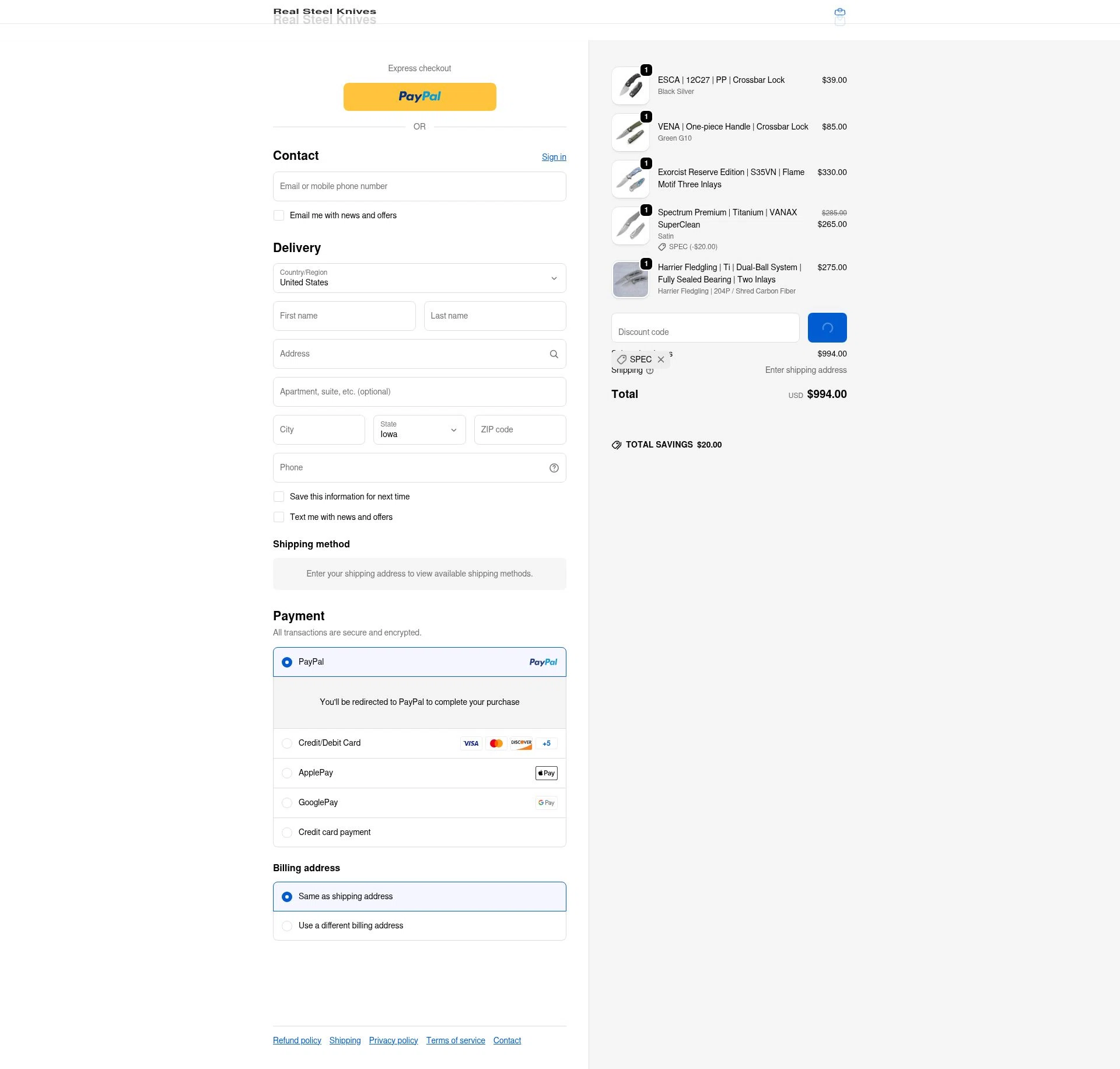 Real Steel Knives checkout page showing Real Steel Knives promo code box | Screenshot taken by SimplyCodes community member on Feb 19, 2026