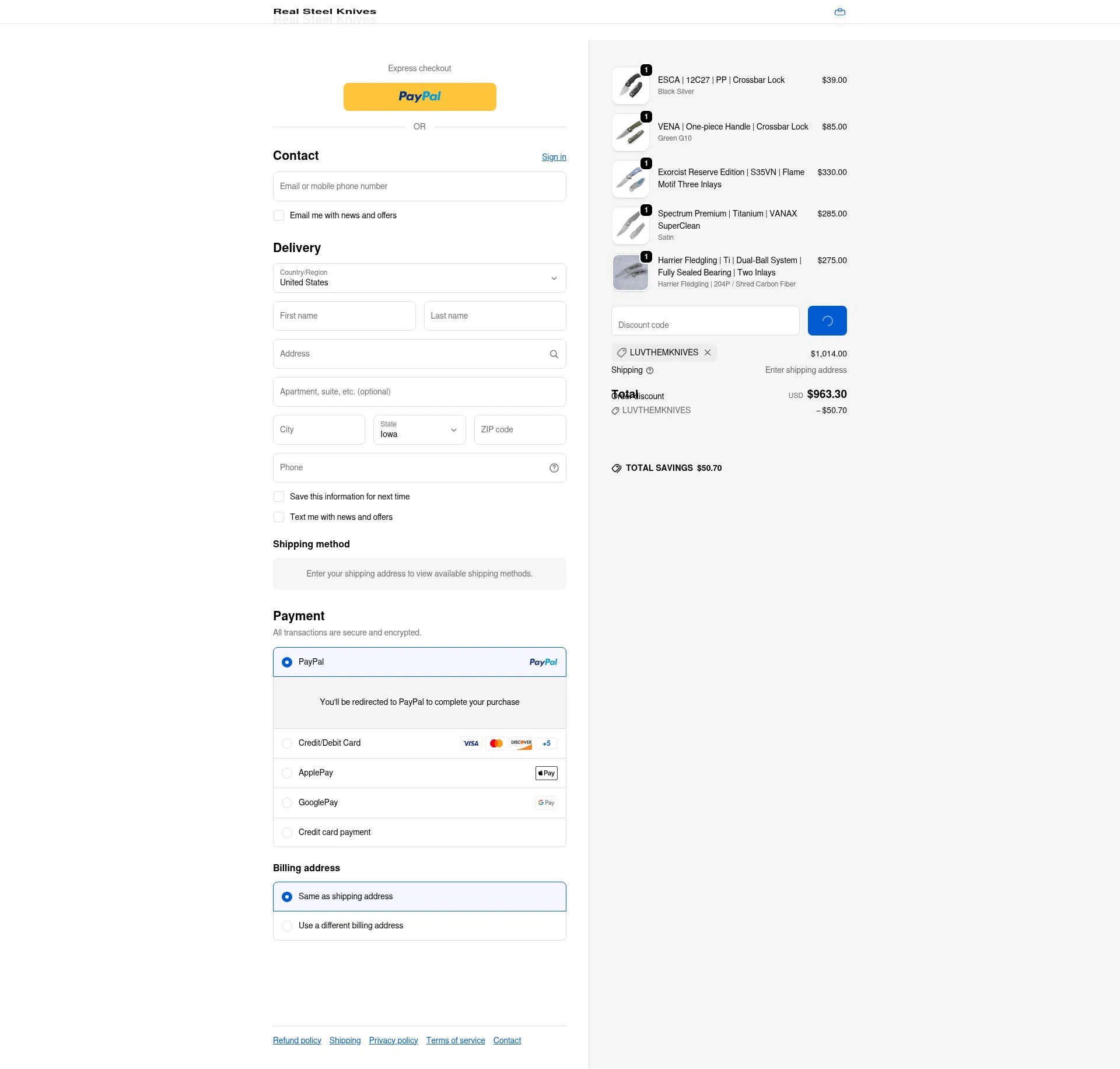 Real Steel Knives checkout page showing Real Steel Knives promo code box | Screenshot taken by SimplyCodes community member on Feb 14, 2026