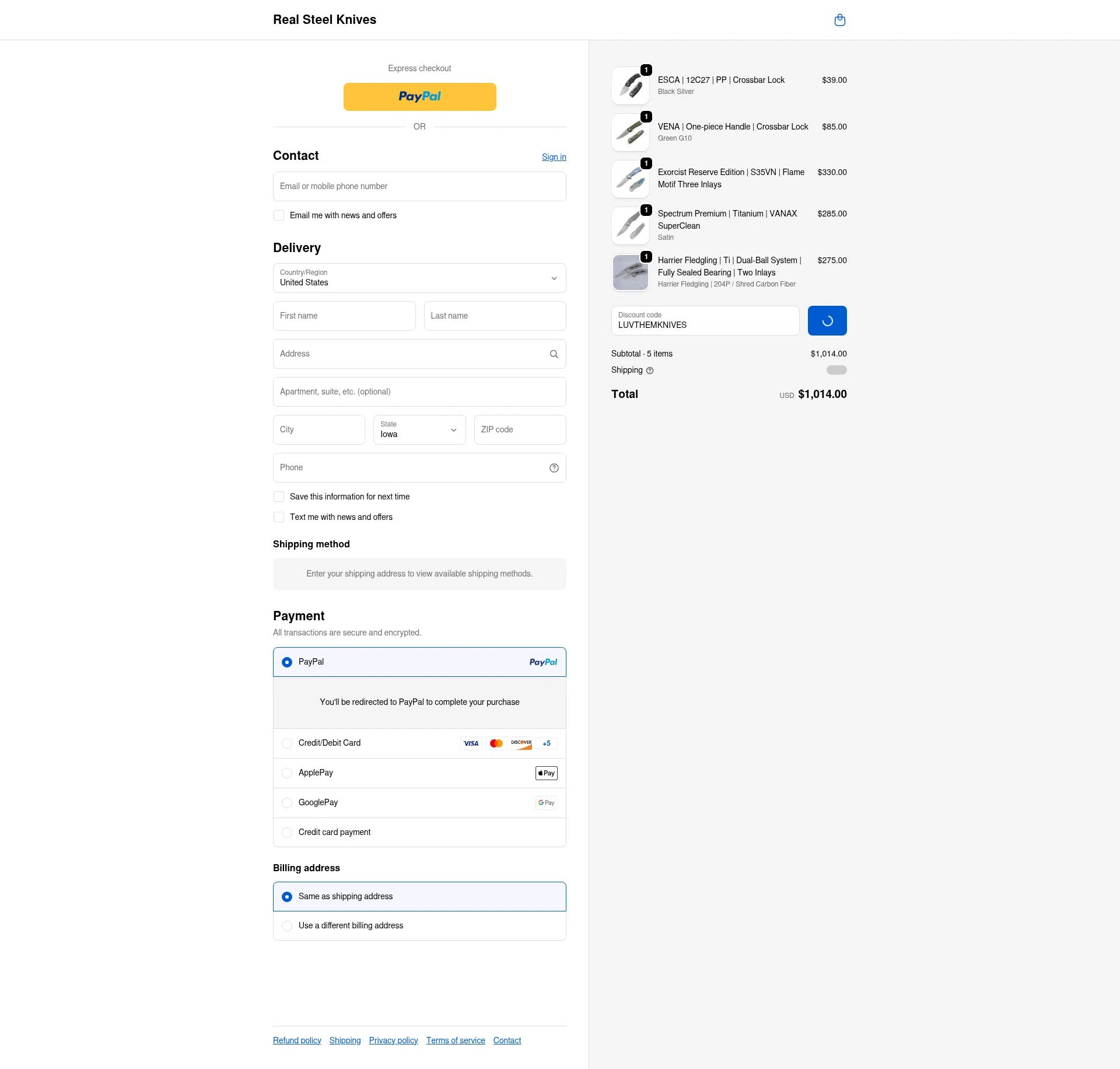 Real Steel Knives checkout page showing Real Steel Knives promo code box | Screenshot taken by SimplyCodes community member on Feb 19, 2026