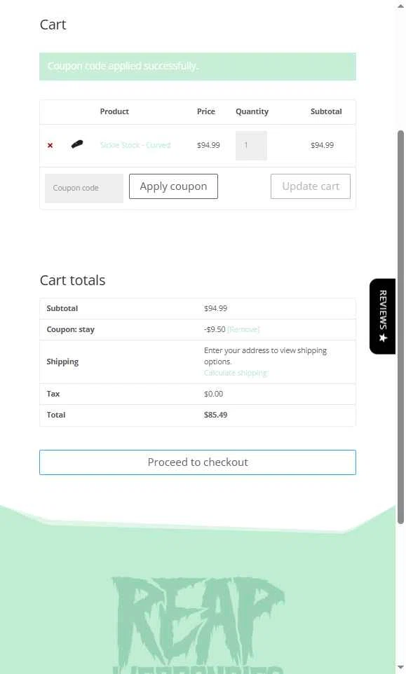 Reap Weaponries checkout page showing Reap Weaponries promo code box | Screenshot taken by SimplyCodes community member on Nov 11, 2025