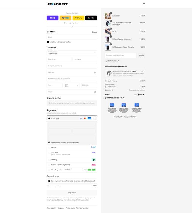 ReAthlete checkout page showing ReAthlete discount code box | Screenshot taken by SimplyCodes community member on Sep 13, 2025