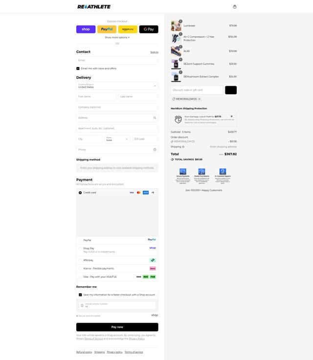ReAthlete checkout page showing ReAthlete discount code box | Screenshot taken by SimplyCodes community member on Sep 13, 2025