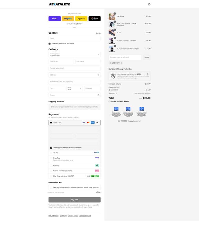 ReAthlete checkout page showing ReAthlete discount code box | Screenshot taken by SimplyCodes community member on Sep 13, 2025