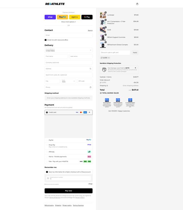 ReAthlete checkout page showing ReAthlete discount code box | Screenshot taken by SimplyCodes community member on Sep 13, 2025